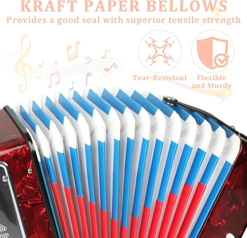 LOTKEY 17 Key Piano Accordion, 8 Bass Kids Accordion, Celluloid Body, Metal Cover Accordions Louder Clearer Timbre Than Plastic, Lightweight Design for Children, Beginners to Practice (Red) - Image 4